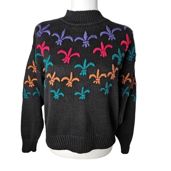 Le Moda Sweaters - Le Moda Small Vintage Fleur-de-lis Y2K Hand Loomed & Embroidered Black Sweater